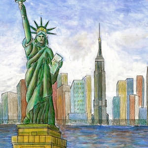 New York - Statua della Libertà. Stampa arte mattata di acquerello originale / pittura a inchiostro