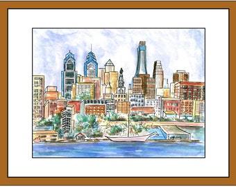 Philadelphia Skyline.  Matted print of original painting.  White archival mat.