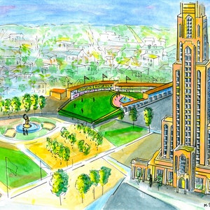 Pittsburgh - Cathedral of Learning and Forbes Field.  Matted Art Print of Watercolor and Ink Painting.