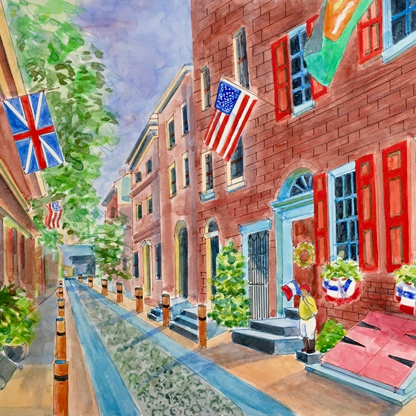 Elfreth's Alley.  Matted print of Original Watercolor Painting.  White Archival Mat.