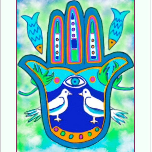 Hand of God (Hamsa) with Doves.  Box of 8 Blank Note Cards and Envelopes.