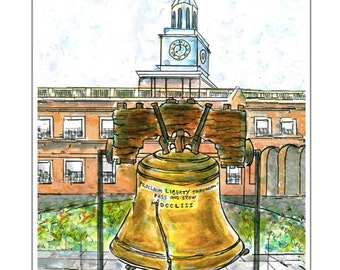 Liberty Bell.  Box mit 8 blanken Note Karten. Aquarell und Tinte. Maßgeschneiderte Nachricht.