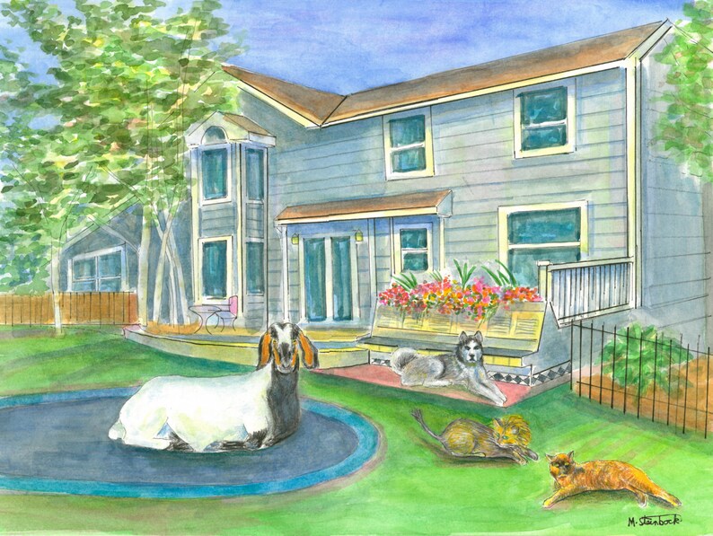 ORIGINAL Custom Home Portrait. HAND PAINTED Watercolor Painting. White Beveled Mat. image 3