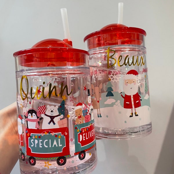 Personalised Christmas Cup shaker glitter with straw - unicorn - Santa