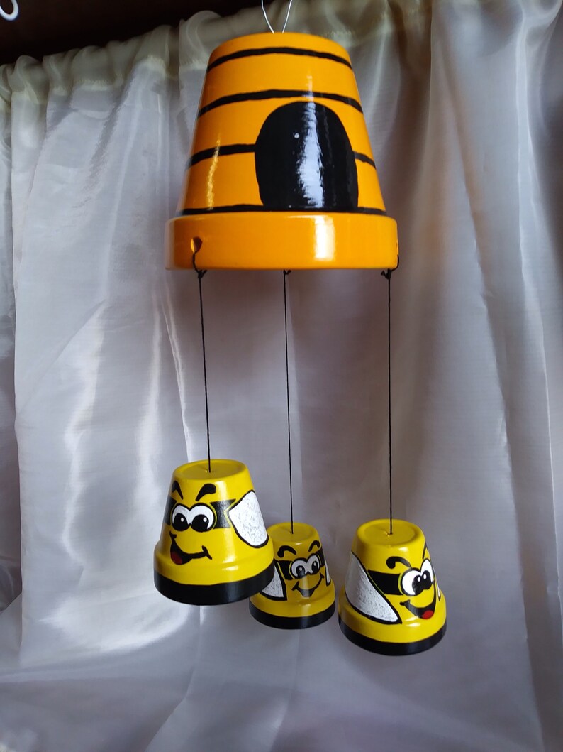 Beehive wind chimes clay pot creations terra cotta plant pots bees bumble bees indoor outdoor garden decoration hand painted
