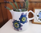 Vintage Wood and Sons Retro Blue Flower Jug, Large English Flower Power Pitcher, Country Kitchen Decor