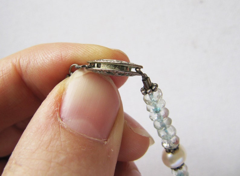 Ice Blue Stone June December Birthstone Gifts Vintage Sterling Silver Topaz White Pearl Necklace