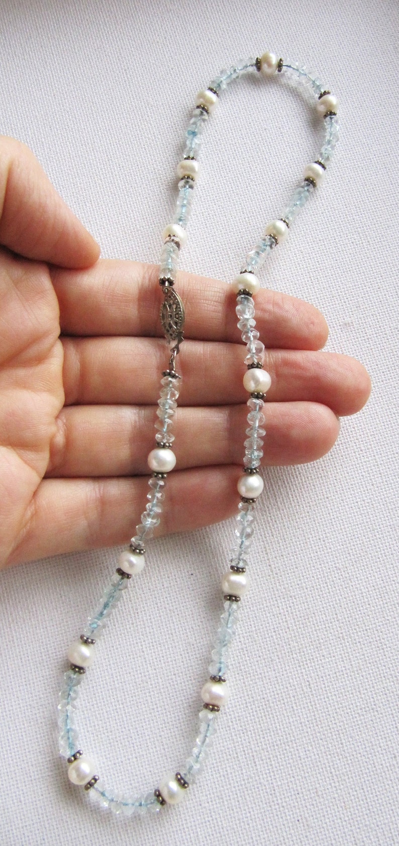 Ice Blue Stone June December Birthstone Gifts Vintage Sterling Silver Topaz White Pearl Necklace