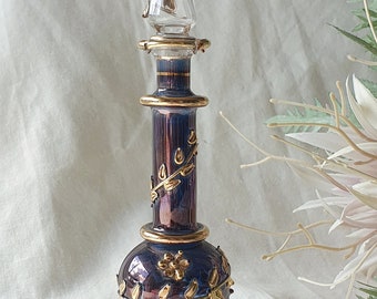 Vintage Hand Blown Purple Gold Leafy Floral Glass Perfume Bottle