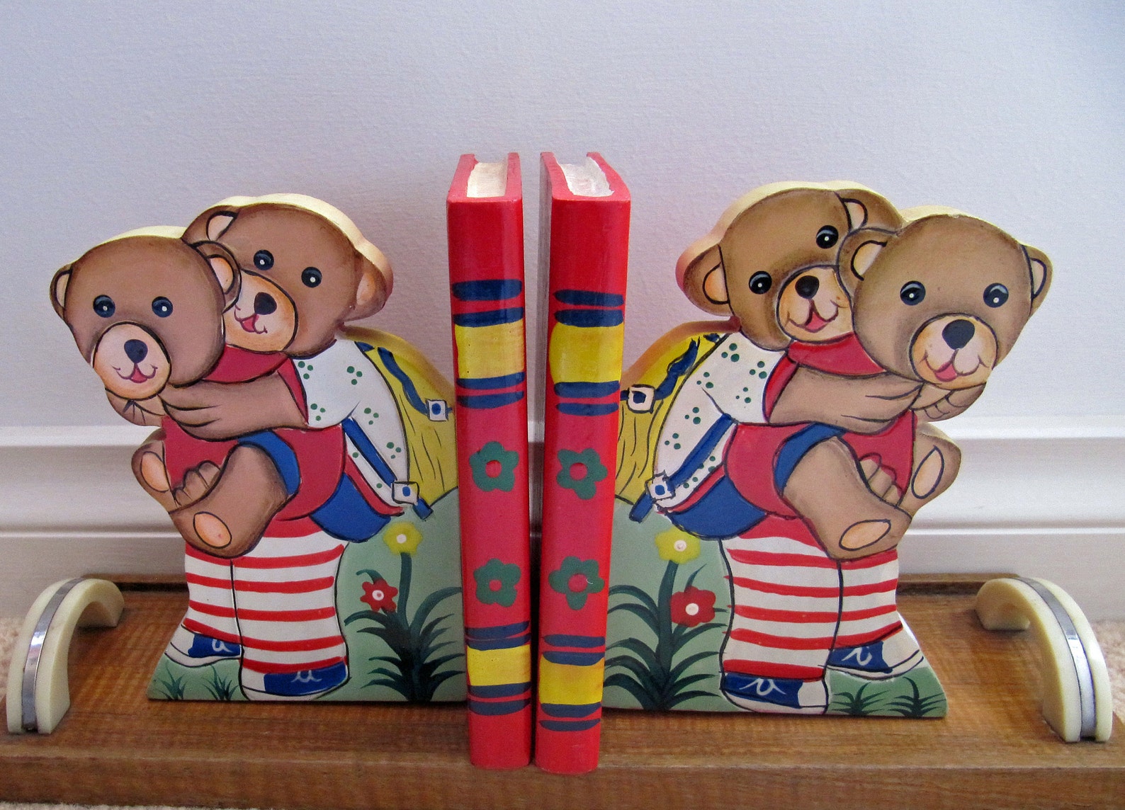 Vintage Hand Painted Wooden Bear Bookends Cute Children's Etsy