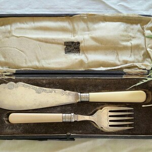 Vintage Antique Fish Serving Fork and Knife Sterling Silver Collars and EPNS Set