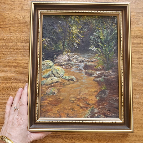 Vintage Original Signed "Mountain Stream" Framed Oil Painting, Nature Art Wall Hanging