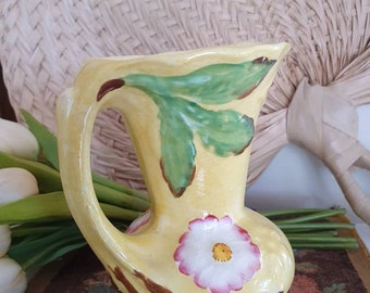 Vintage Old Foley Wild Rose Vase With Handle, Hand Painted English Pottery Jug,  Mid Century Lemon Yellow Home Decor