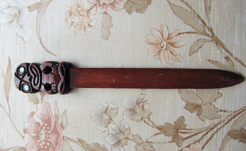 Vintage Hand Carved Wooden Tiki Letter Opener Made in Rotorua Retro Kiwiana Abalone Eyes Unisex Office Gifts