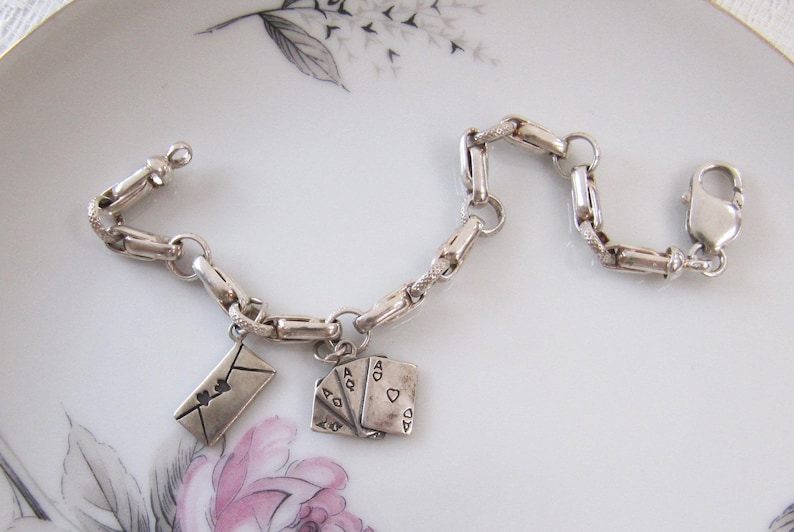 Love Letter Romantic Jewellery Gifts for Her Ace Card Charm Vintage Sterling Silver Charm Link Bracelet