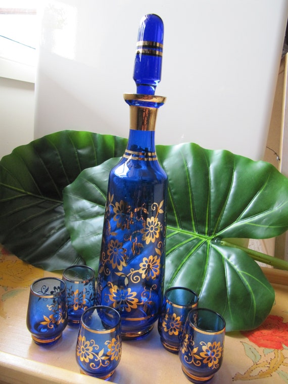 Vintage Set Bohemian Blue Green Teal Gold Trim Liquor Wine