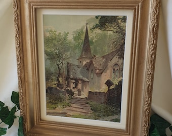 Vintage Old Church in Forest Wooden Framed in Glass Picture