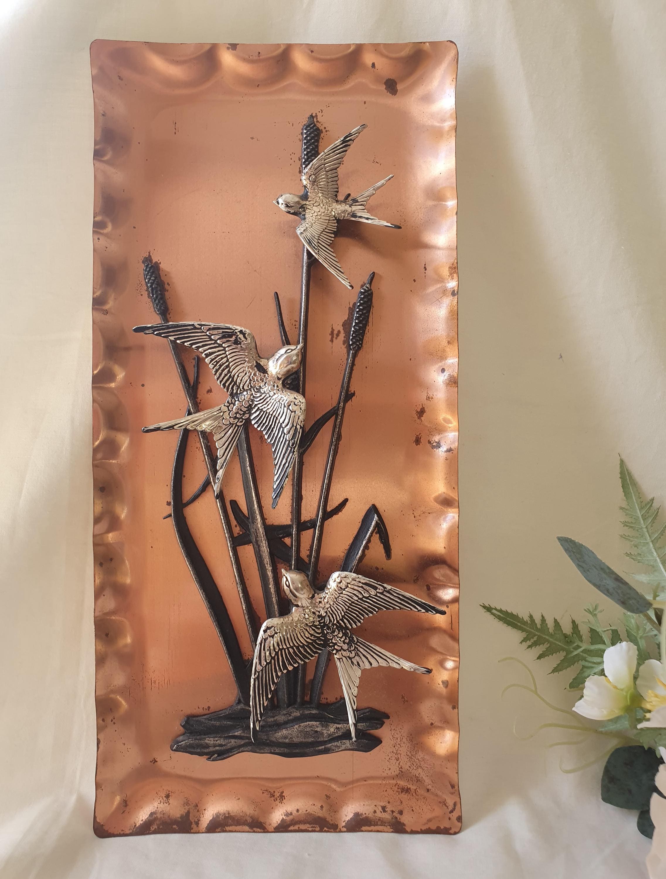 Vintage Copper German Sculptural 3D Swallows Wall Hanging, Retro Bird Wall Decor