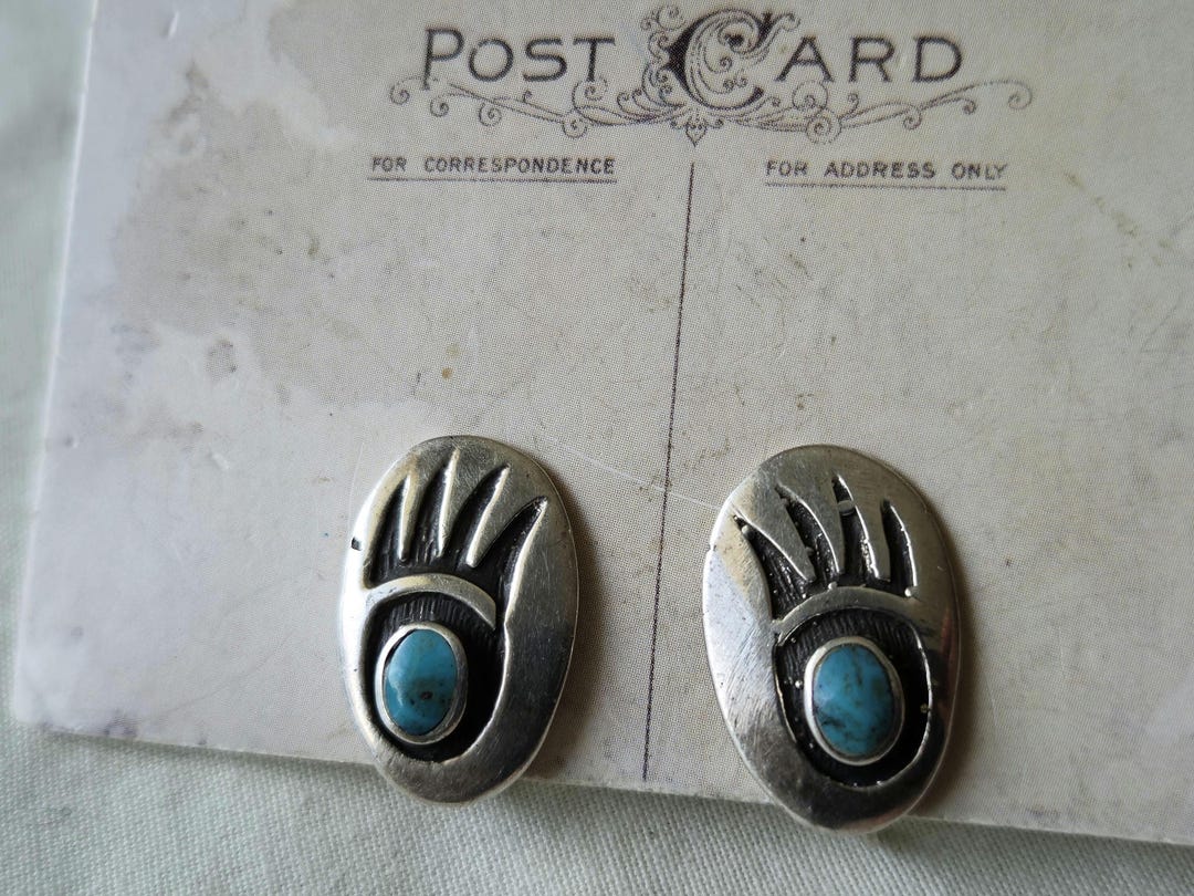 Vintage Sterling Silver Turquoise Navajo Bear Claw Screw Back Earrings ...