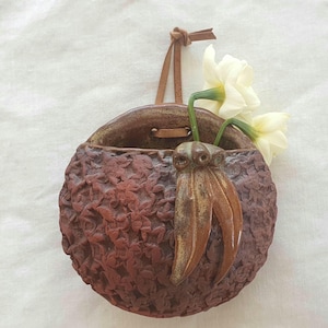 May include: A round, dark brown ceramic wall pocket planter with a textured, leaf-like surface pattern. It features a smooth, glossy brown decorative element shaped like a seed pod on the front and includes a brown leather cord for hanging.