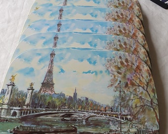 Vintage Set of Six Paris Eiffel Tower and The Seine Placemats in Box, Elegant Chic Dining Table Decor