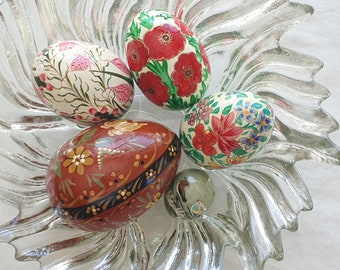 Vintage Hand Painted Polish Floral Decorative Wood Eggs, Miniature Jade Stone Egg