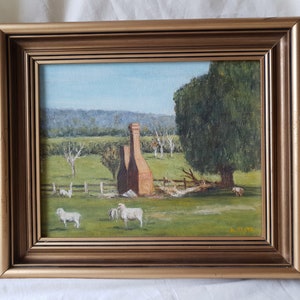 Vintage Original Signed Framed Landscape Sheep Chimney Ruins Painting, Country Farmhouse Wall Decor