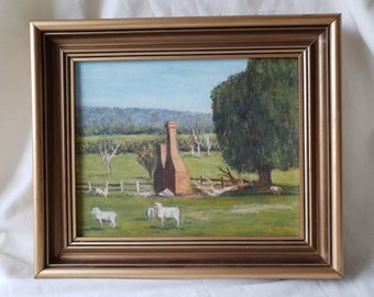 Vintage Original Signed Framed Landscape Sheep Chimney Ruins Painting, Country Farmhouse Wall Decor