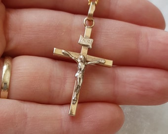 Vintage 9ct Gold Dual Tone Inri Crucifix Pendant, Unisex Religious Cross Jewellery
