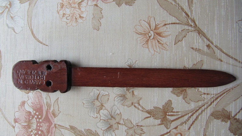Vintage Hand Carved Wooden Tiki Letter Opener Made in Rotorua Retro Kiwiana Abalone Eyes Unisex Office Gifts