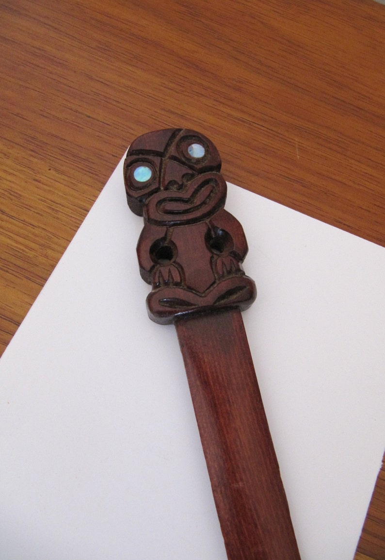 Vintage Hand Carved Wooden Tiki Letter Opener Made in Rotorua Retro Kiwiana Abalone Eyes Unisex Office Gifts