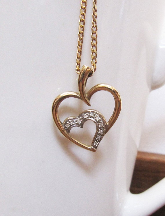 Vintage 9ct Gold Diamond Heart Pendant 9K Yellow Gold Two | Etsy