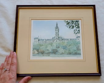 Vintage Limited Edition Signed Framed in Glass Glasgow University Picture, Landmark Building Wall Decor