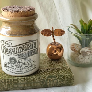 May include: A ceramic jar with a cork lid, labelled "The Beechworth Sweet Co," sits on a vintage book. A copper apple sculpture and a glass with a plant and seashells complete the arrangement. The jar has a cream and brown colour scheme.