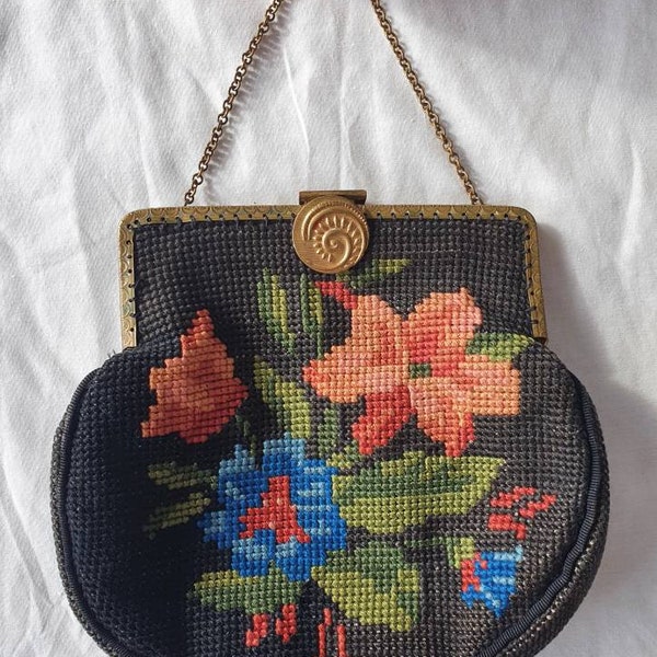 vintage années 1930 Floral Petit Point Sac à main, Sac de déclaration pour femmes