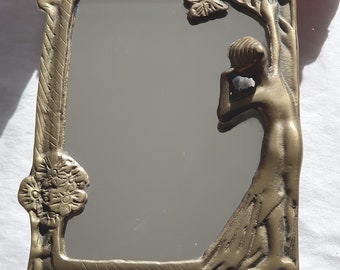 Vintage Heavy Brass Art Nouveau Style Lady Tabletop Mirror