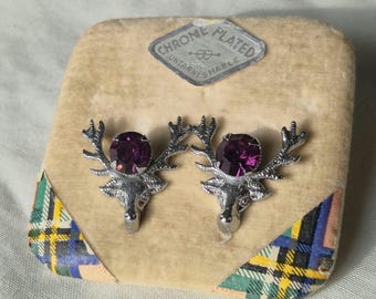 Vintage Mizpah Ward Brothers Amethyst Glass Stag Deer Screw Back Earrings