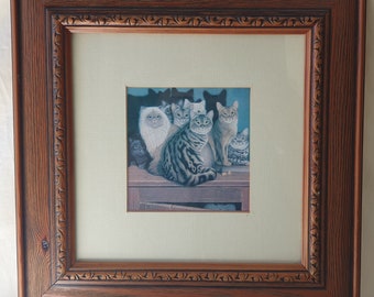 Vintage Framed in Glass Cats Cabinet Meeting by Braldt Bralds Picture, Chic Cat Wall Decor