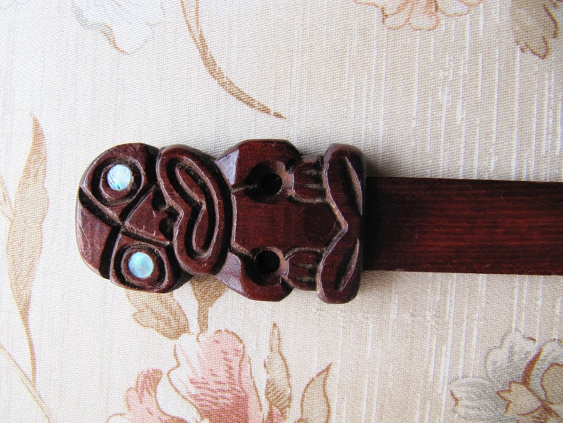 Vintage Hand Carved Wooden Tiki Letter Opener Made in Rotorua Retro Kiwiana Abalone Eyes Unisex Office Gifts