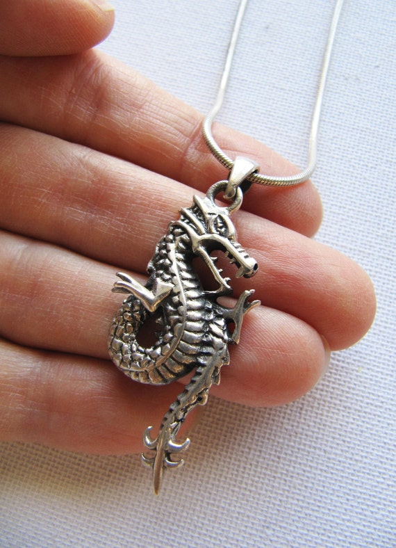 Vintage Sterling Silver Dragon Necklace, Big Solid