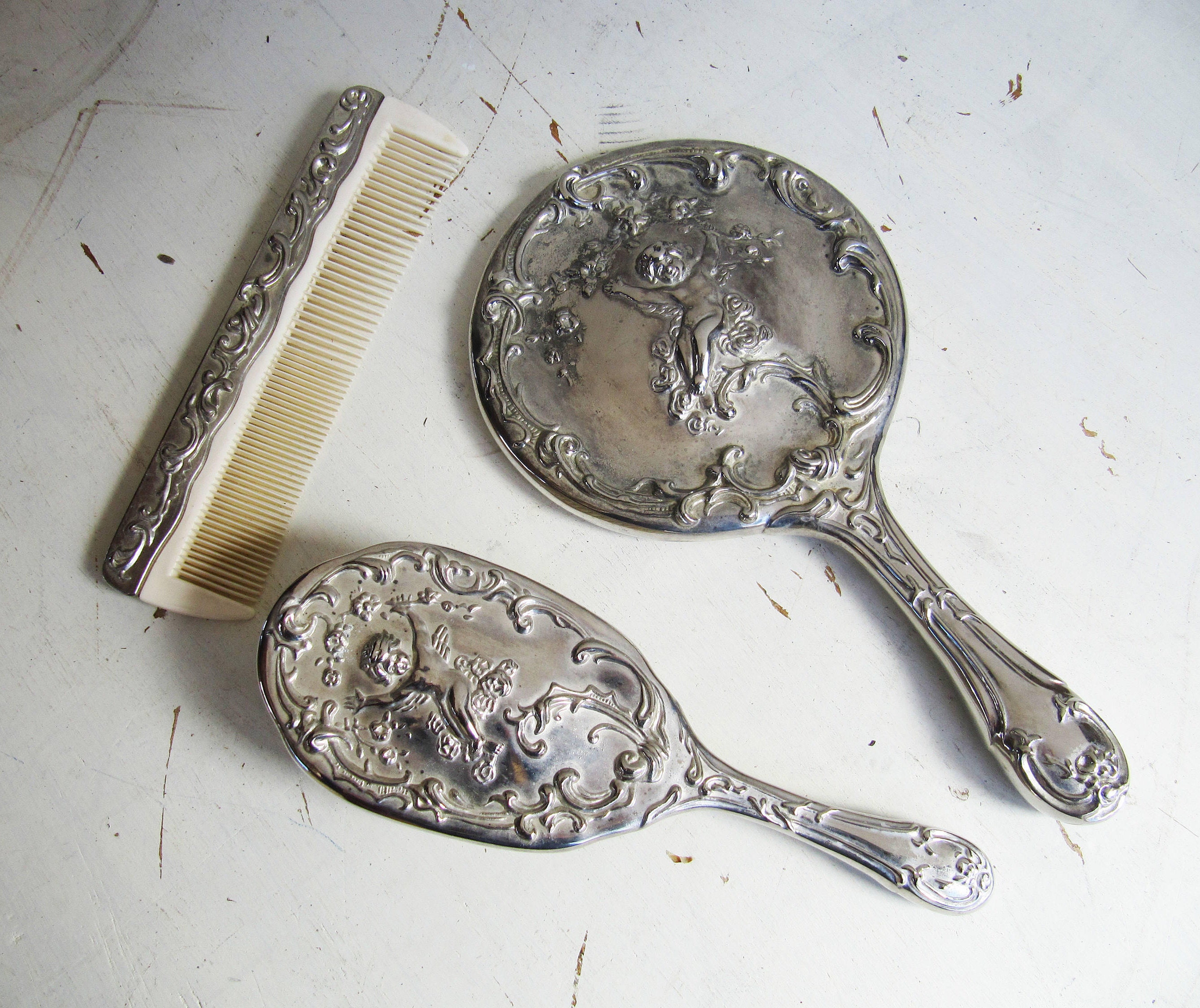 Vintage Silver Cherub Brush Mirror Comb Set Heavy Silver Etsy