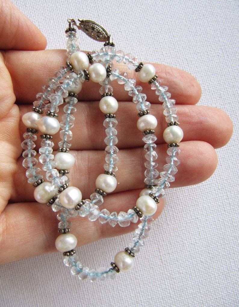 Ice Blue Stone June December Birthstone Gifts Vintage Sterling Silver Topaz White Pearl Necklace