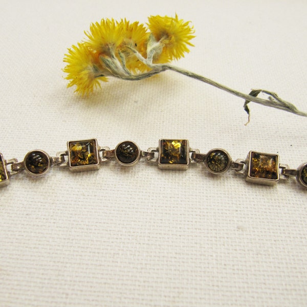 Vintage Sterling Silver Green Amber Bracelet, Natural Green Amber Women's Bracelet, Square Circle Silver Amber Bracelet, Gifts for Her