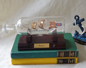 Vintage British Mayflower Glass Bounty Ship in Bottle on Wooden Stand, Marine Nautical Home Decor