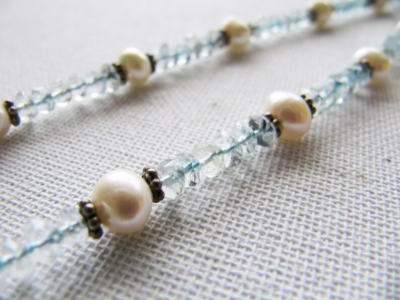 Ice Blue Stone June December Birthstone Gifts Vintage Sterling Silver Topaz White Pearl Necklace