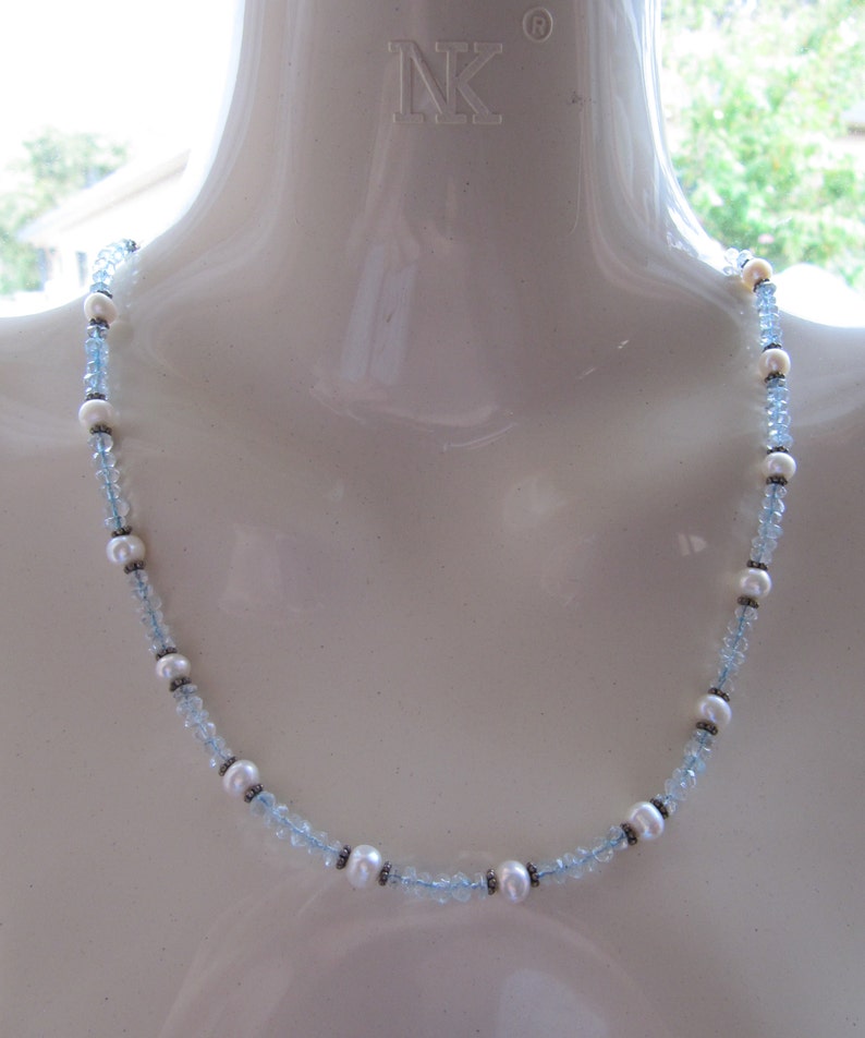 Ice Blue Stone June December Birthstone Gifts Vintage Sterling Silver Topaz White Pearl Necklace