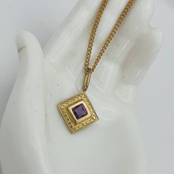 Vintage 9ct Gold Amethyst Diamond Shaped Pendant, Women's Elegant Chic Jewellery