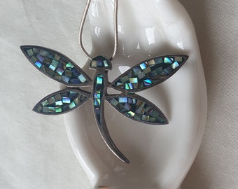 Vintage Sterling Silver Abalone Mosaic Inlay Dragonfly Necklace