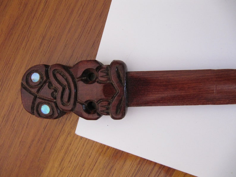 Vintage Hand Carved Wooden Tiki Letter Opener Made in Rotorua Retro Kiwiana Abalone Eyes Unisex Office Gifts