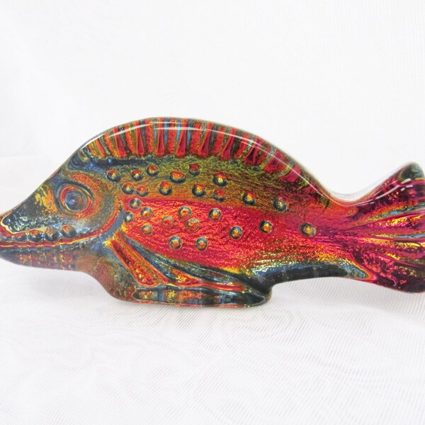 Vintage Czech Crystal Fish Sculpture,  Rainbow Coloured Paperweight, Marine Home Decor